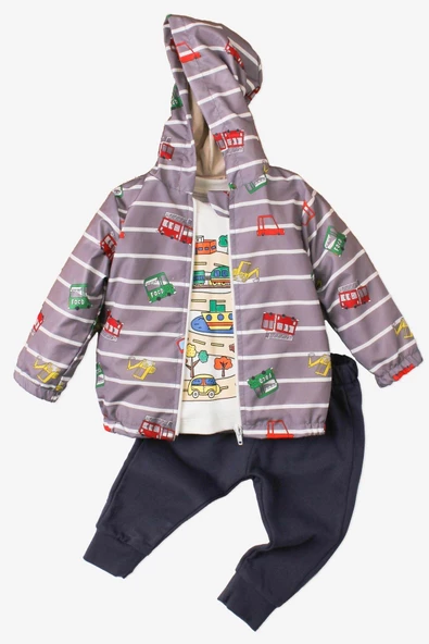 Araba Desenli Kapüşonlu İçi Pamuklu Yağmurluk Bebek Takımı - 2