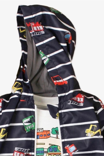 Araba Desenli Kapüşonlu İçi Pamuklu Yağmurluk Bebek Takımı - Resim 7