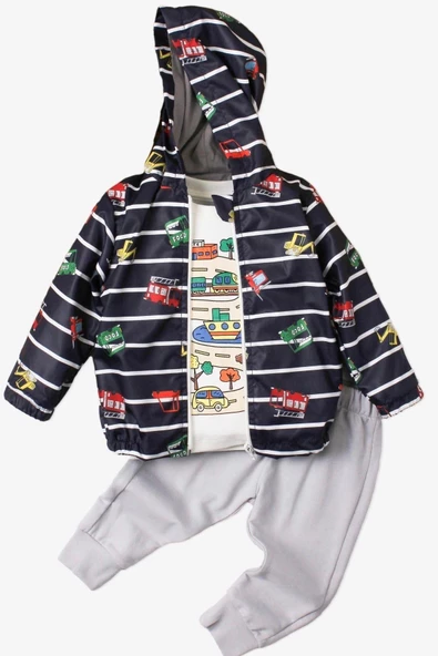 Araba Desenli Kapüşonlu İçi Pamuklu Yağmurluk Bebek Takımı - Resim 9