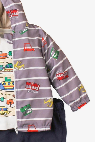 Araba Desenli Kapüşonlu İçi Pamuklu Yağmurluk Bebek Takımı - 10