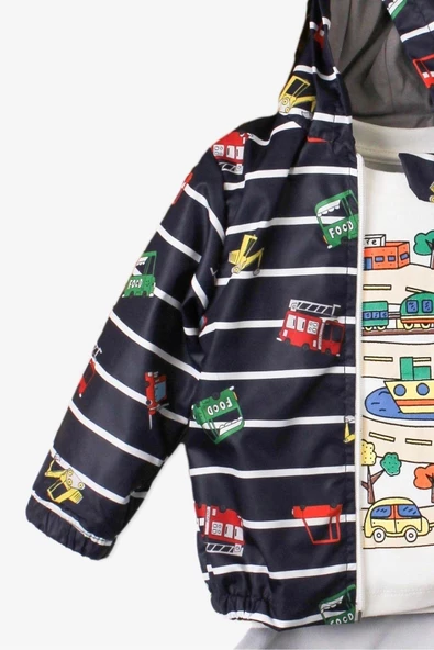 Araba Desenli Kapüşonlu İçi Pamuklu Yağmurluk Bebek Takımı - Resim 12