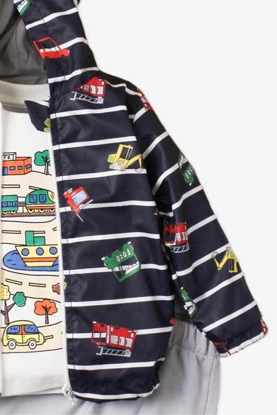 Araba Desenli Kapüşonlu İçi Pamuklu Yağmurluk Bebek Takımı - Resim 3