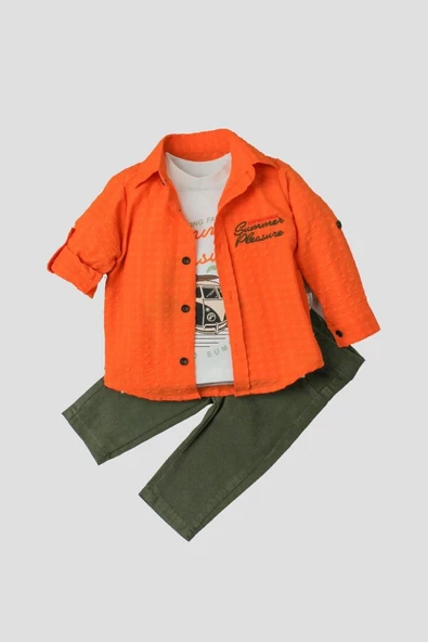 Erkek Bebek Spor Gömlek Takım Pantolon Üst Sweatshirt Üçlü TakIm Pamuklu Takım - 11