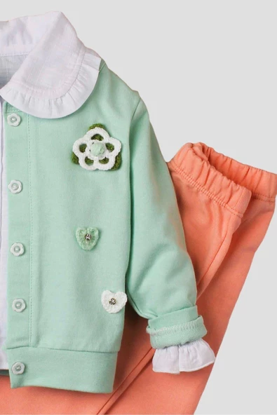 El Örmesi Çiçekli Pamuklu Hırka Gömlek Ve Alt Bebek Takımı - 5