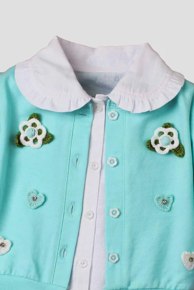 El Örmesi Çiçekli Pamuklu Hırka Gömlek Ve Alt Bebek Takımı - 12