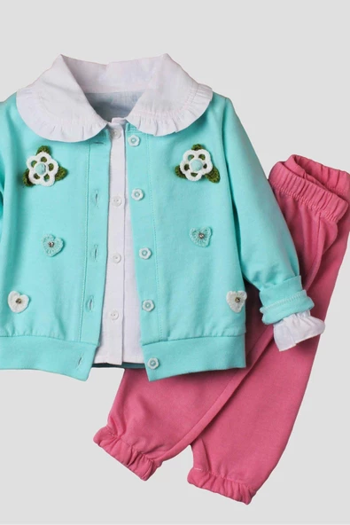 El Örmesi Çiçekli Pamuklu Hırka Gömlek Ve Alt Bebek Takımı - 8