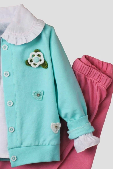 El Örmesi Çiçekli Pamuklu Hırka Gömlek Ve Alt Bebek Takımı - 11