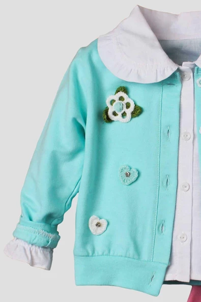 El Örmesi Çiçekli Pamuklu Hırka Gömlek Ve Alt Bebek Takımı - 4