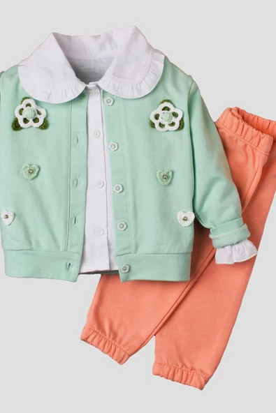 El Örmesi Çiçekli Pamuklu Hırka Gömlek Ve Alt Bebek Takımı - 8