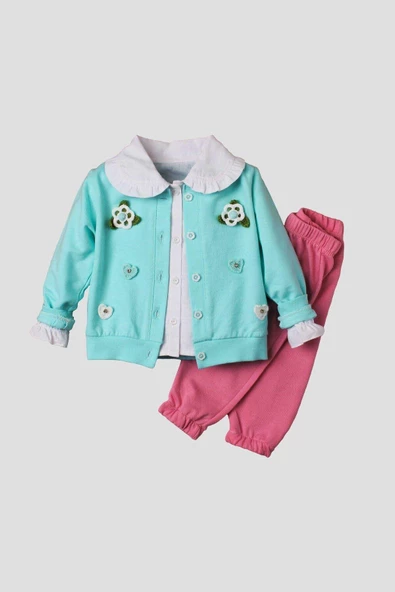 El Örmesi Çiçekli Pamuklu Hırka Gömlek Ve Alt Bebek Takımı - 7