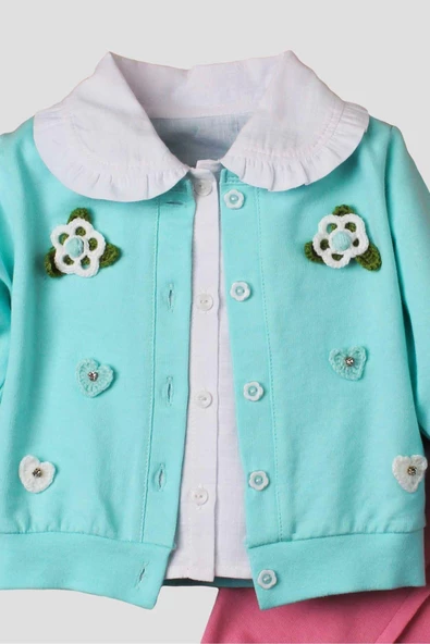 El Örmesi Çiçekli Pamuklu Hırka Gömlek Ve Alt Bebek Takımı - 3