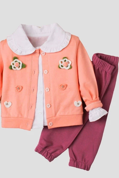 El Örmesi Çiçekli Pamuklu Hırka Gömlek Ve Alt Bebek Takımı - 2