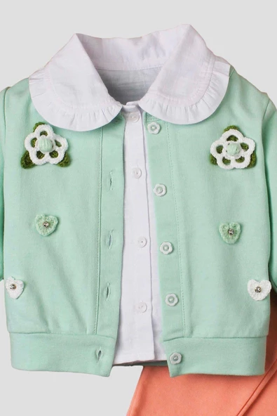 El Örmesi Çiçekli Pamuklu Hırka Gömlek Ve Alt Bebek Takımı - 9