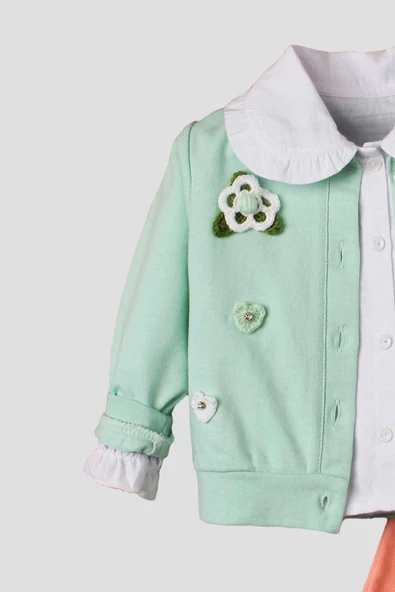 El Örmesi Çiçekli Pamuklu Hırka Gömlek Ve Alt Bebek Takımı - 10