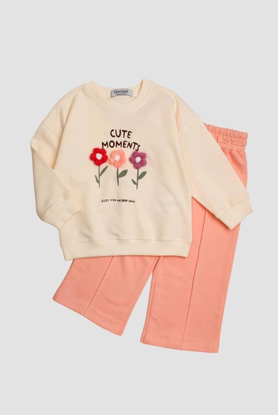 Örme Çiçek Detaylı Oversize Alt Üst Bebek Çocuk Eşorfman Takımı