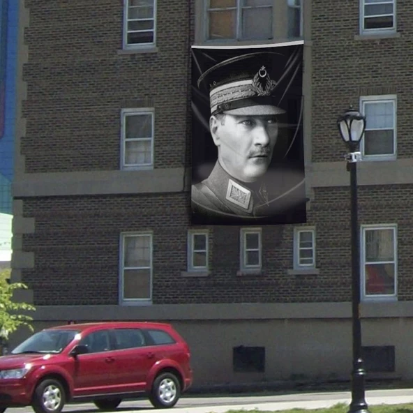 Siyah-Beyaz Askeri Üniformalı Mustafa Kemal Atatürk  Poster Bayrağı ATA44 - 3