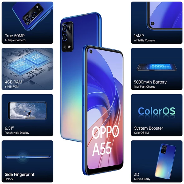 Oppo A55 128 GB Blue 4 GB Ram Yenilenmiş Ürün ( Sıfır Gibi) - 5