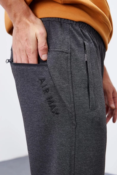 TOMMY Life Antrasit Melanj Fermuar Cepli Dar Kalıp Jogger Erkek Eşofman Alt - 84343 - 6