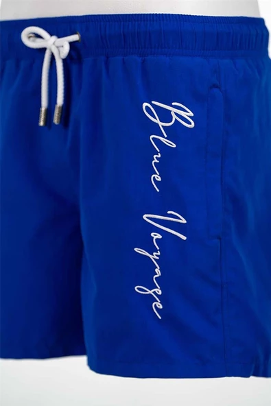 Saks Mavi Su İtici Özellikli Blue Voyage Nakışlı Erkek Plaj Deniz Şort Mayo - 303-Saks - 5