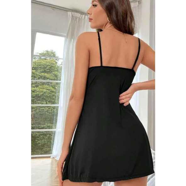 Lucky Life Siyah Dökümlü Yırtmaç Detay Şık Geceliik - 3