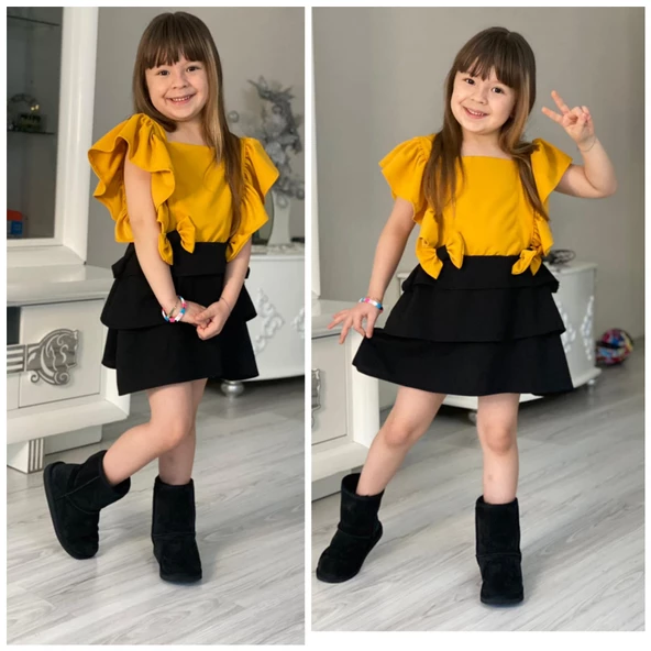 MODAVALS SCUBA AEROBIN KOL VE ETEKLERİ FIRFIRLI FİYONK DETAYLI KIZ ÇOCUK YAZLIK ELBİSE-SARI SİYAH - 2