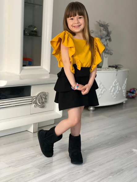 MODAVALS SCUBA AEROBIN KOL VE ETEKLERİ FIRFIRLI FİYONK DETAYLI KIZ ÇOCUK YAZLIK ELBİSE-SARI SİYAH - 6