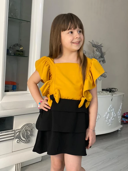 MODAVALS SCUBA AEROBIN KOL VE ETEKLERİ FIRFIRLI FİYONK DETAYLI KIZ ÇOCUK YAZLIK ELBİSE-SARI SİYAH - 4