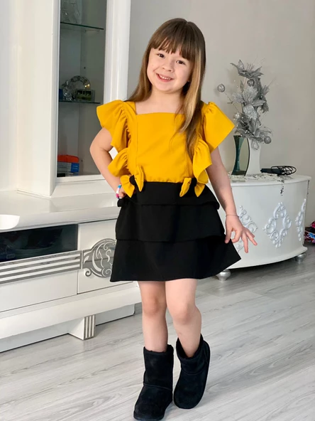 MODAVALS SCUBA AEROBIN KOL VE ETEKLERİ FIRFIRLI FİYONK DETAYLI KIZ ÇOCUK YAZLIK ELBİSE-SARI SİYAH - 5