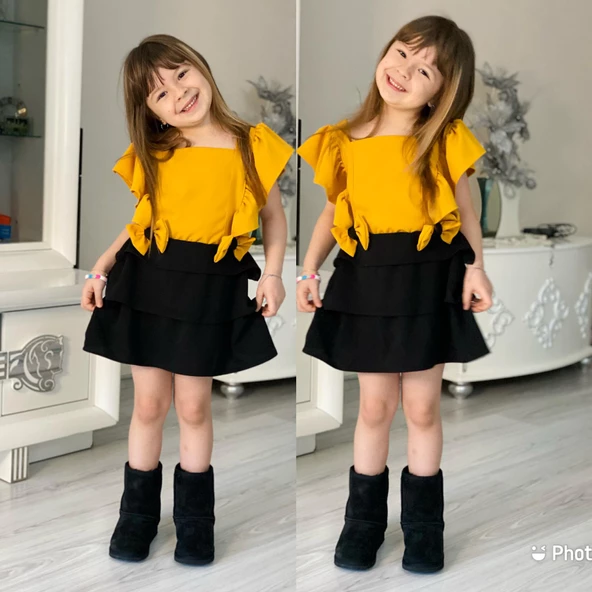 MODAVALS SCUBA AEROBIN KOL VE ETEKLERİ FIRFIRLI FİYONK DETAYLI KIZ ÇOCUK YAZLIK ELBİSE-SARI SİYAH - 3