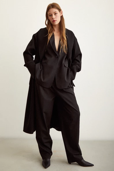 Kuşaklı Şal Yaka Kaban Siyah - 2