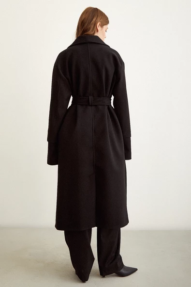 Kuşaklı Şal Yaka Kaban Siyah - 6