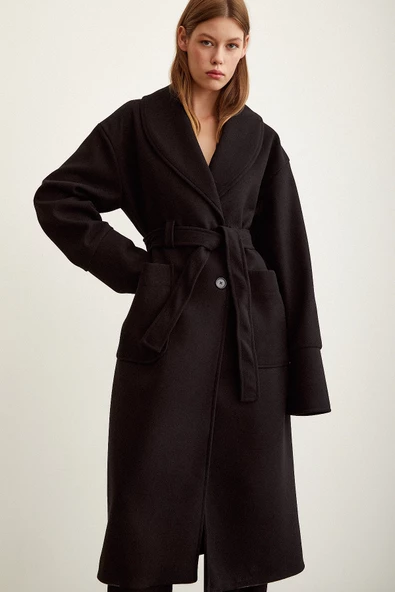 Kuşaklı Şal Yaka Kaban Siyah - 4