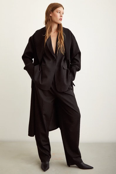 Kuşaklı Şal Yaka Kaban Siyah - 3