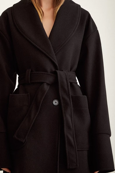 Kuşaklı Şal Yaka Kaban Siyah - 5