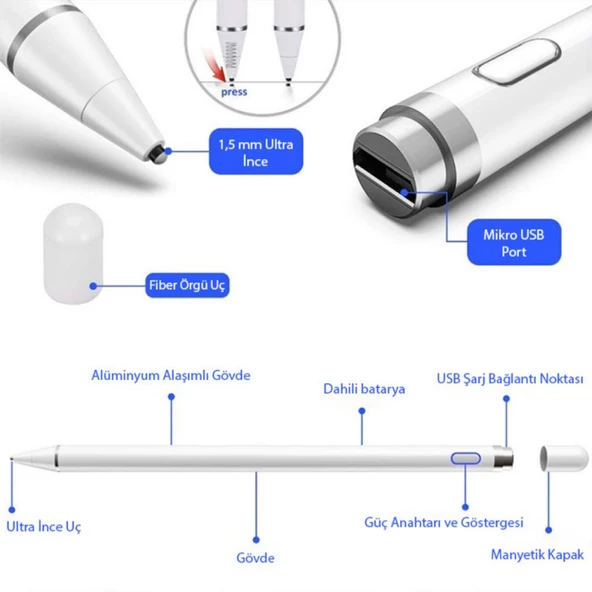 Polham Uzun Şarjlı Universal İos ve Android Uyumlu Dokunmatik Stylus Kalem, Telefon ve Tablet Kalemi - 4