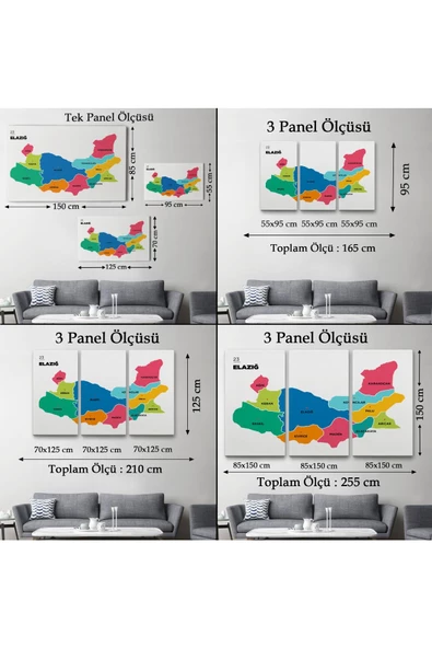 Elazığ  İli ve İlçeler Haritası  Dekoratif Kanvas Tablo 1330 - 5
