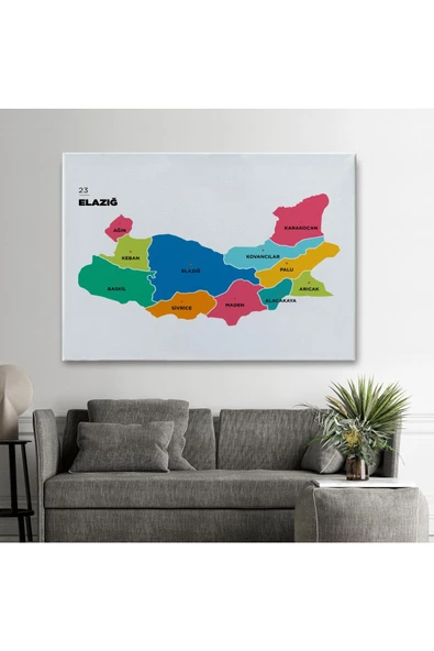 Elazığ  İli ve İlçeler Haritası  Dekoratif Kanvas Tablo 1330 - 2