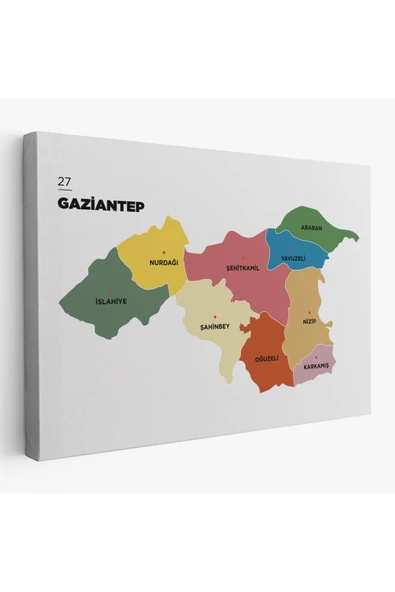 Gaziantep  İli ve İlçeler Haritası  Dekoratif Kanvas Tablo 1343