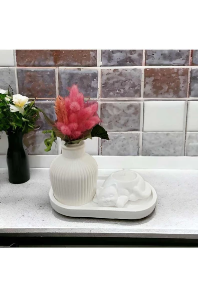 Dekoratif Çizgili Pampas Vazo, Kedi Figürlü Mumluk ve Yatay Stand