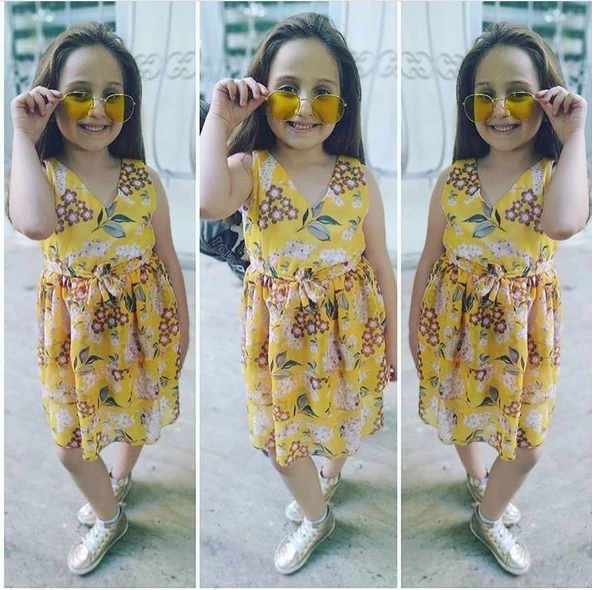 MODAVALS ÇİÇEKLİ BELİ LASTİKLİ ŞİFON KIZ ÇOCUK ELBİSE - 2