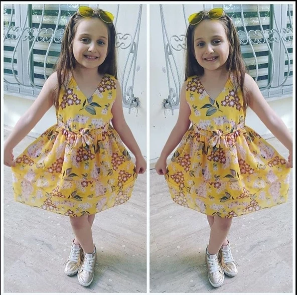 MODAVALS ÇİÇEKLİ BELİ LASTİKLİ ŞİFON KIZ ÇOCUK ELBİSE - 5