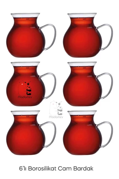 Madamev 6'lı Pleasure Borosilikat Cam Bardak Set Isıya Dayanıklı Keyfi Ala Kulplu Çay Fincanı Bardağı - 2