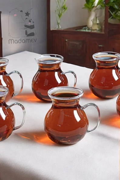 Madamev 6'lı Keyfi Ala Borosilikat Cam Bardak Takımı Isıya Dayanıklı Kulplu Çay Fincanı Bardağı Seti - 3