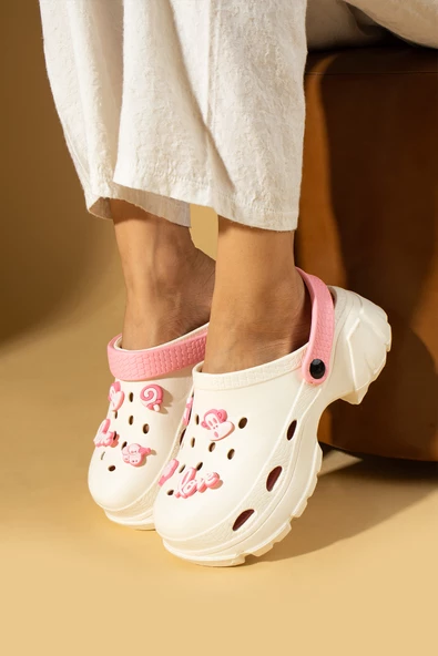 Pembe Potin Yüksek Taban Love Maskotlu Kadın Eva Sandalet DNZ 500Vanilya