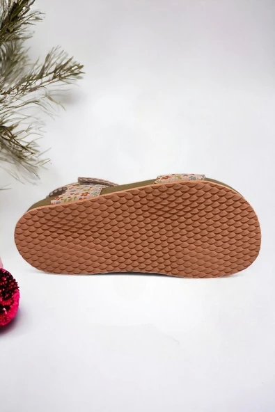 Pudra Süet Çiçek Desenli Kız Çocuk Sandalet - 5
