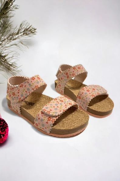 Pudra Süet Çiçek Desenli Kız Çocuk Sandalet - 4