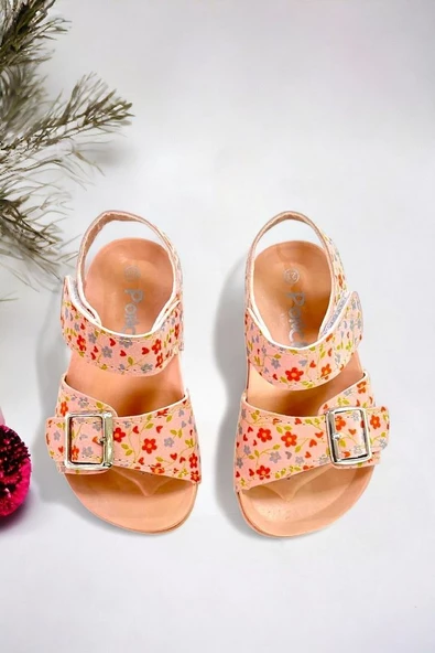 Pembe Çiçek Baskılı Tokalı Kız Çoçuk Sandalet - 2