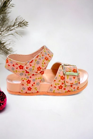 Pembe Çiçek Baskılı Tokalı Kız Çoçuk Sandalet - 3