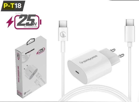 Sprange Tel Aks.Şarj Adaptör Usb-C & Usb-C Kablo P-T18 (25W)