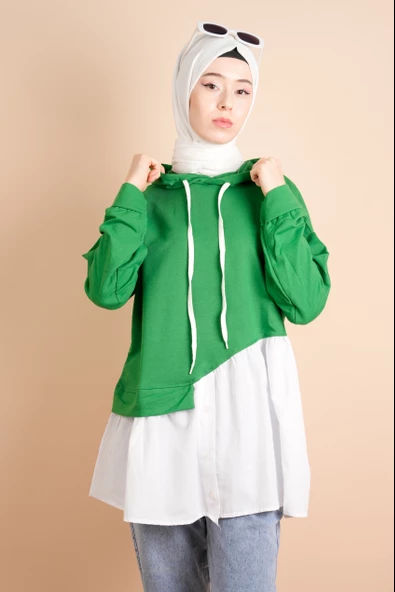 Alt Gömlek Detaylı Kapüşonlu Bağcık Deyatlı Sweat Yeşil - 4